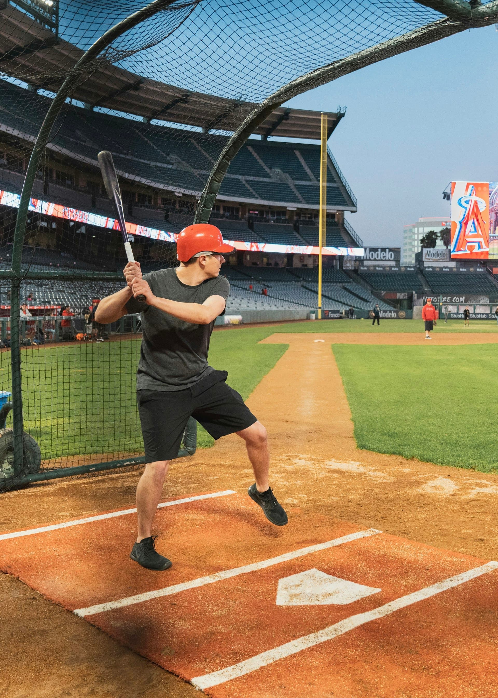Angel Stadium of Anaheim with distinctive A logo visible during baseball practice