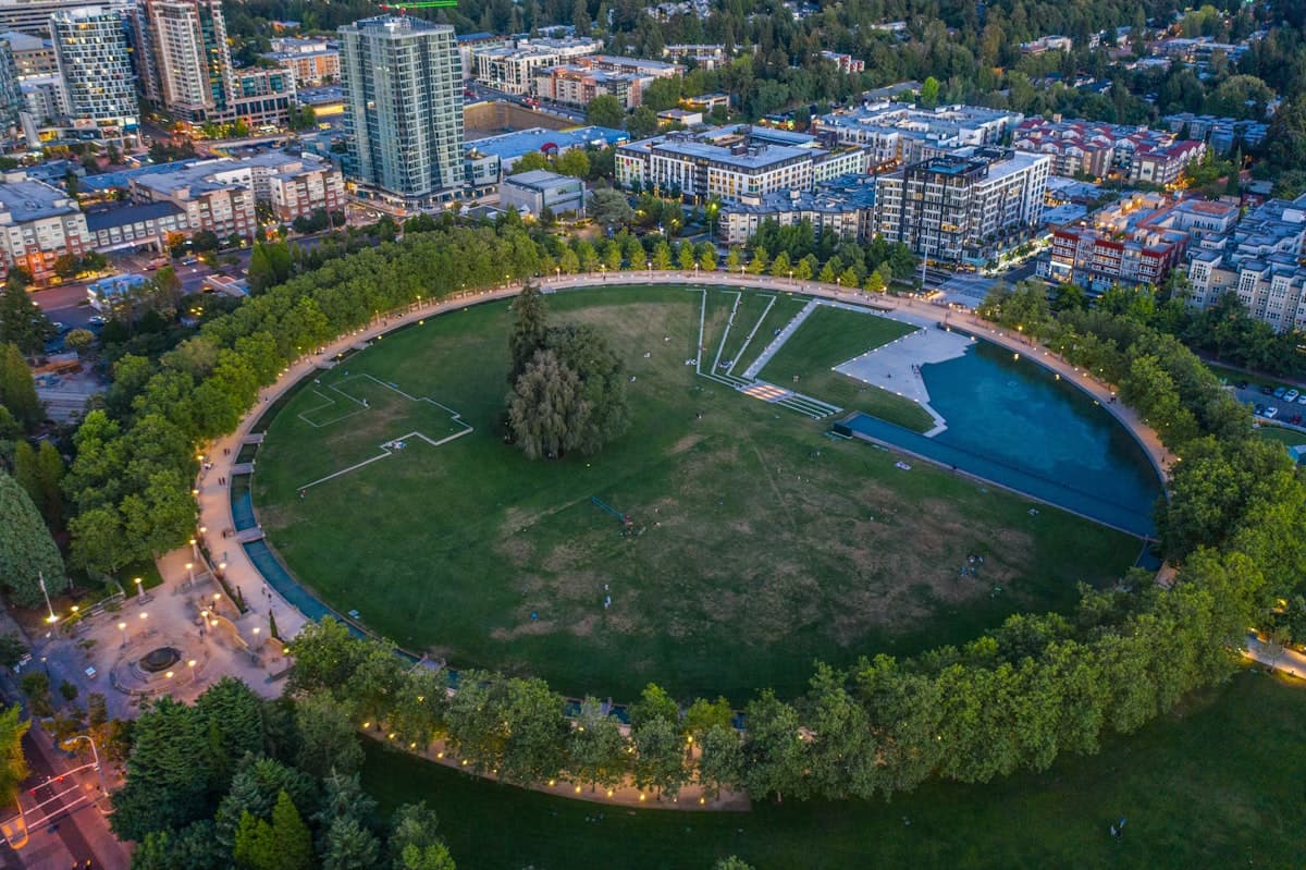 Aerial view of Bellevue Downtown Park with city buildings and urban landscape