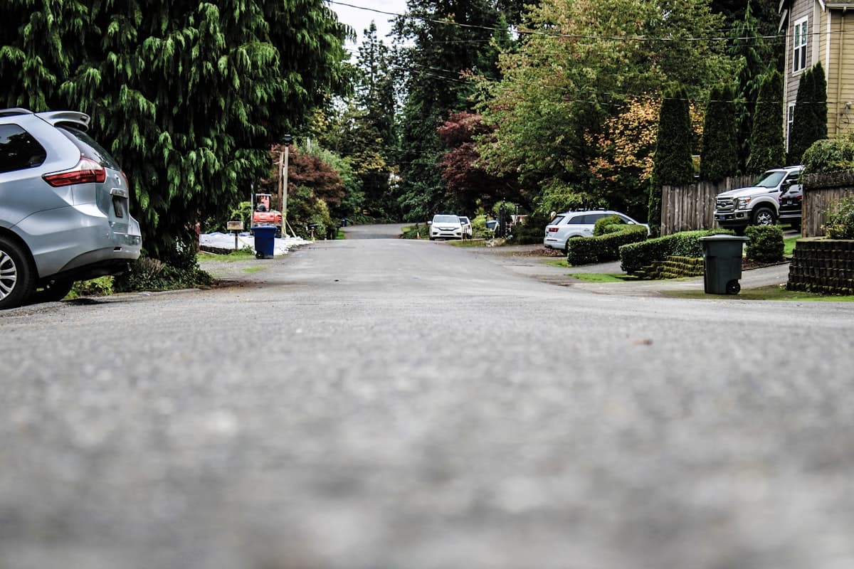 Residential street in Bellevue Washington neighborhood with trees and homes