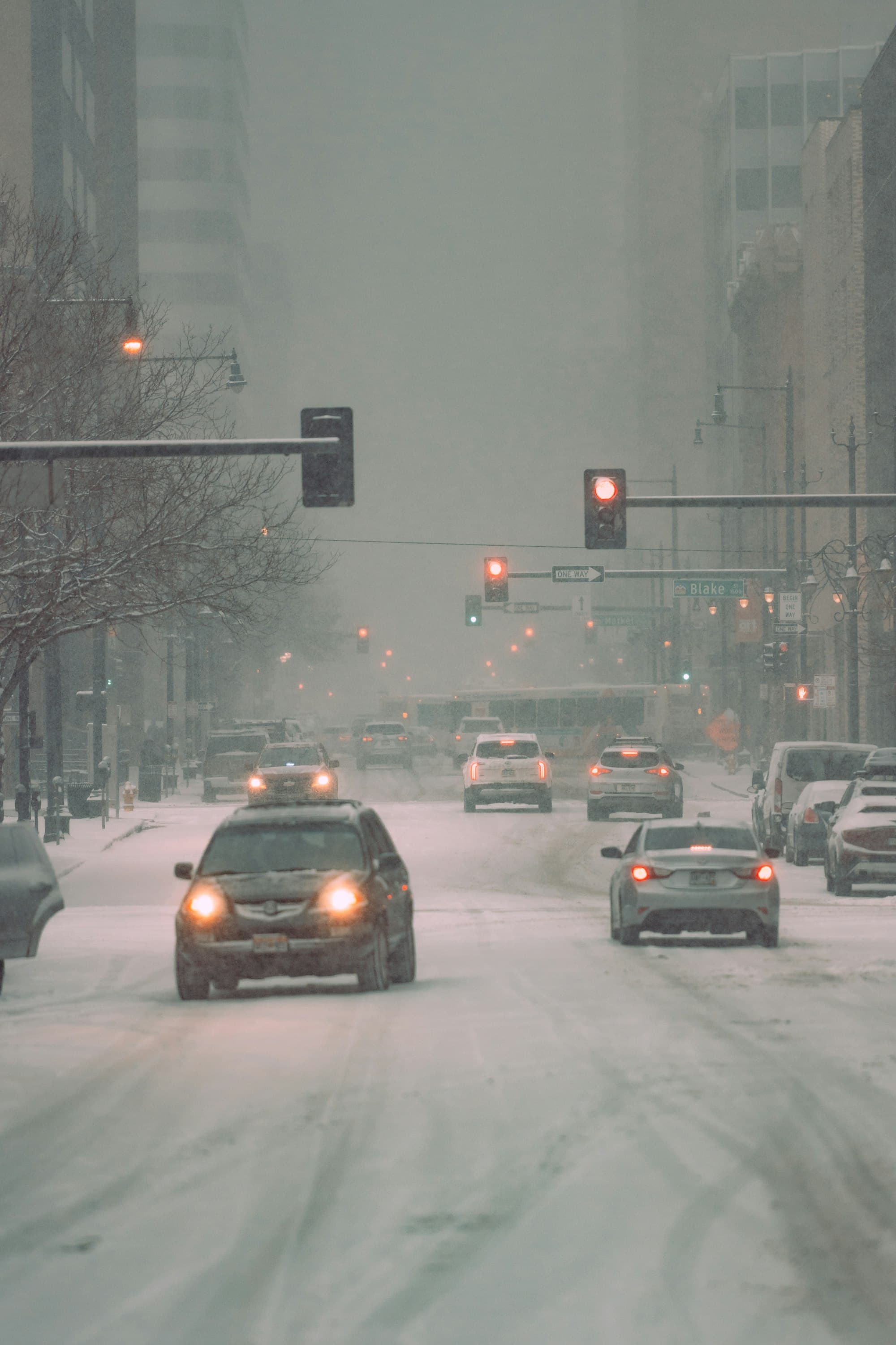 Denver city street during winter snowstorm