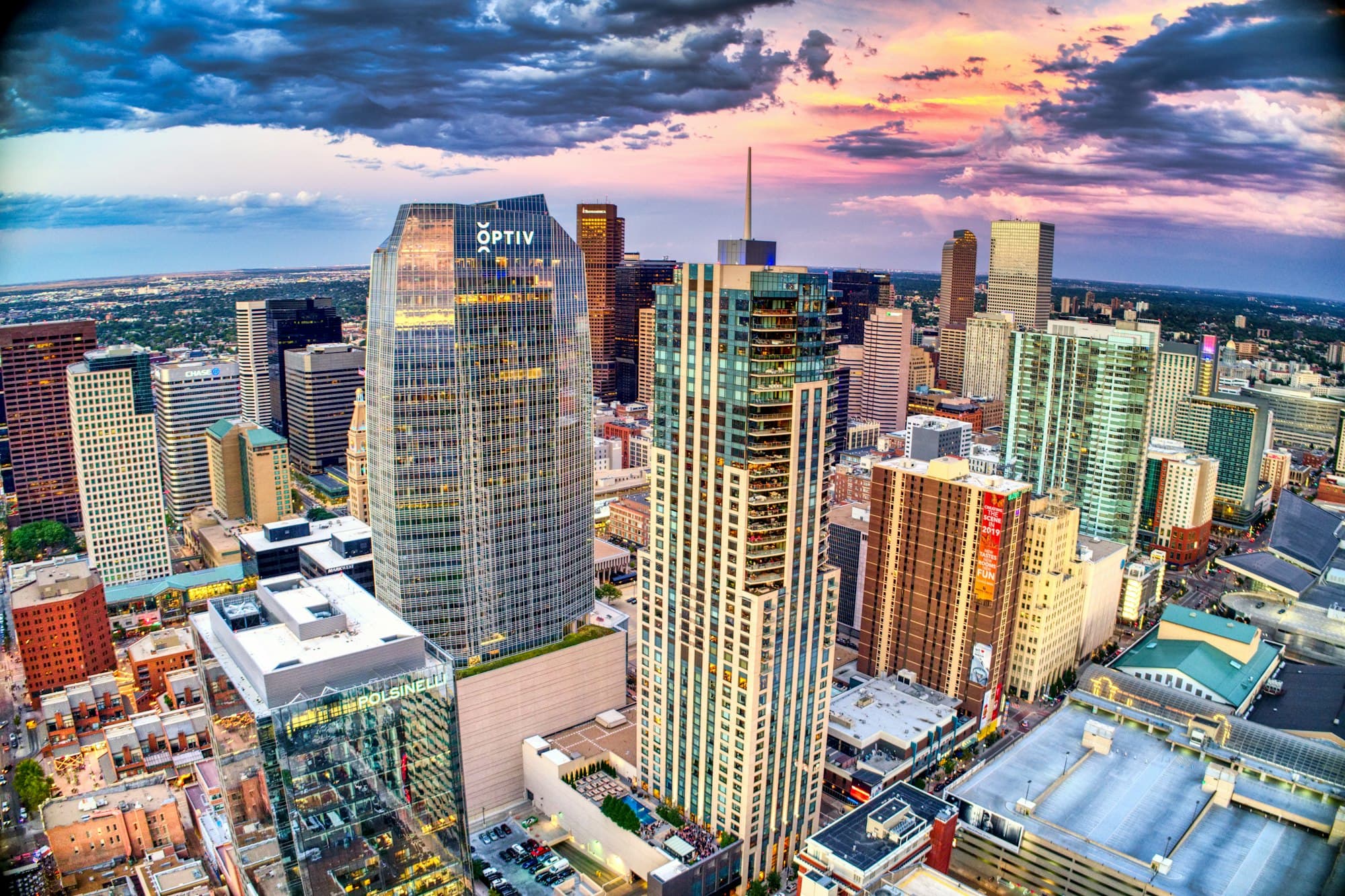 Downtown Denver high-rise buildings during golden hour