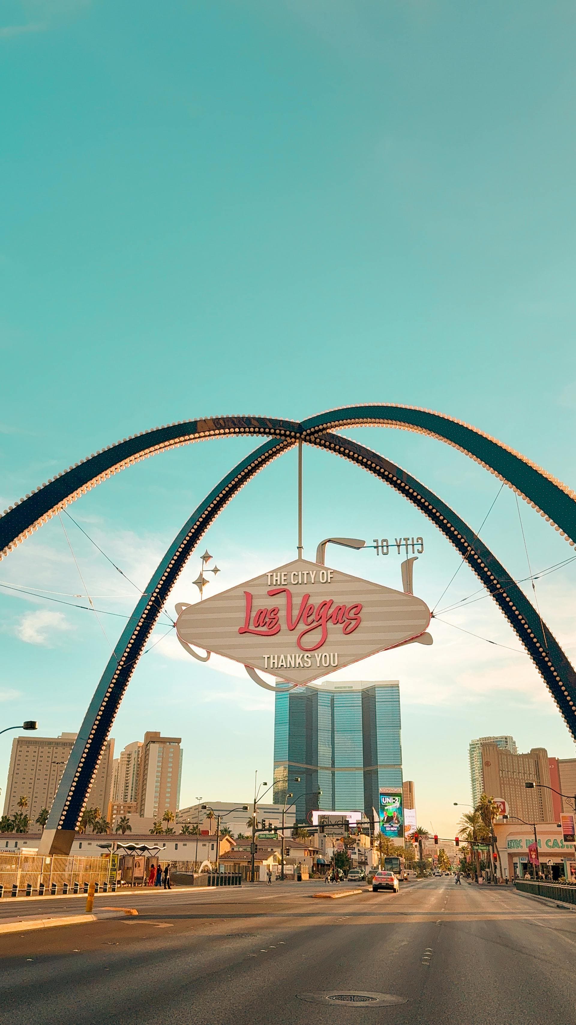 The City of Las Vegas Thanks You gateway arch sign with downtown skyline