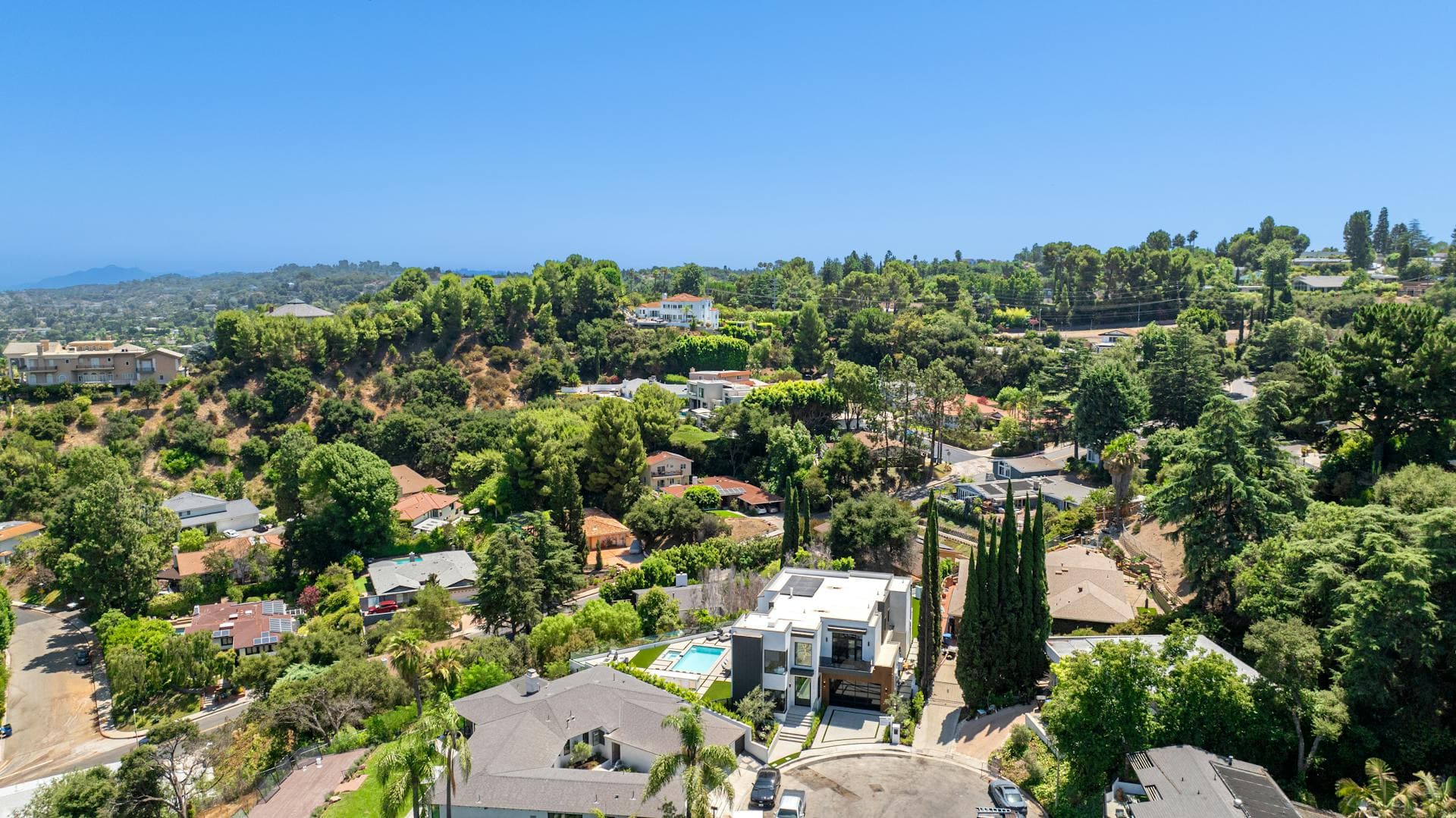 Aerial view of lush residential hillside area in Los Angeles