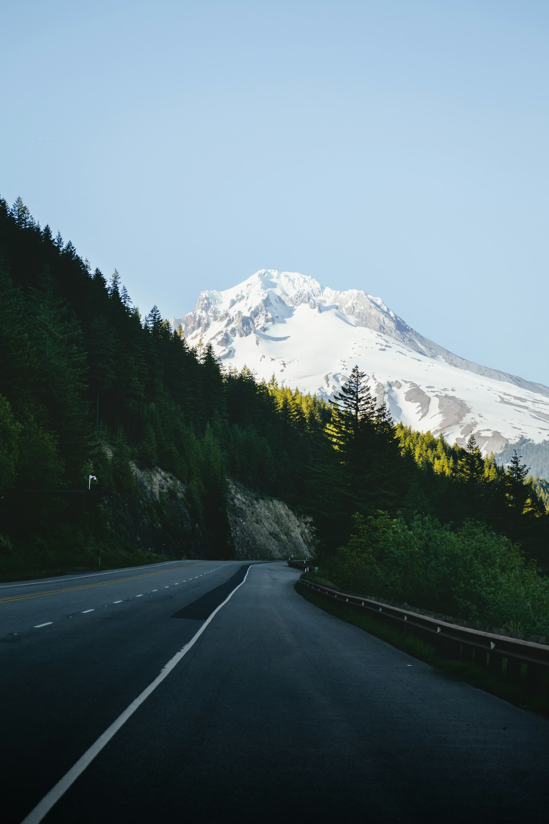 Road leading to Mount Hood through Oregon forest showing Pacific Northwest landscape