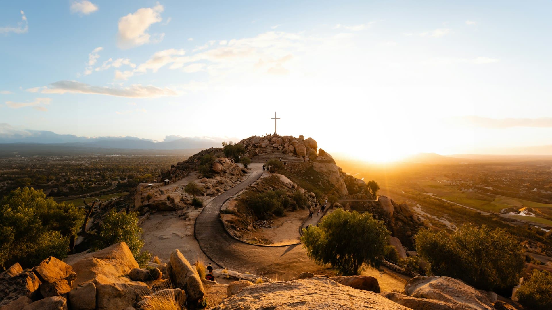 Mount Rubidoux Park at sunset with historic cross overlooking Riverside California