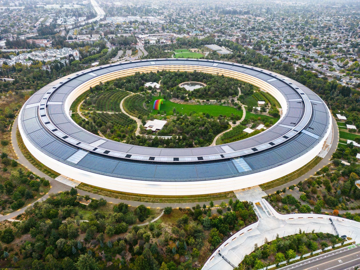 Aerial view of Apple Park circular headquarters building in Cupertino Silicon Valley