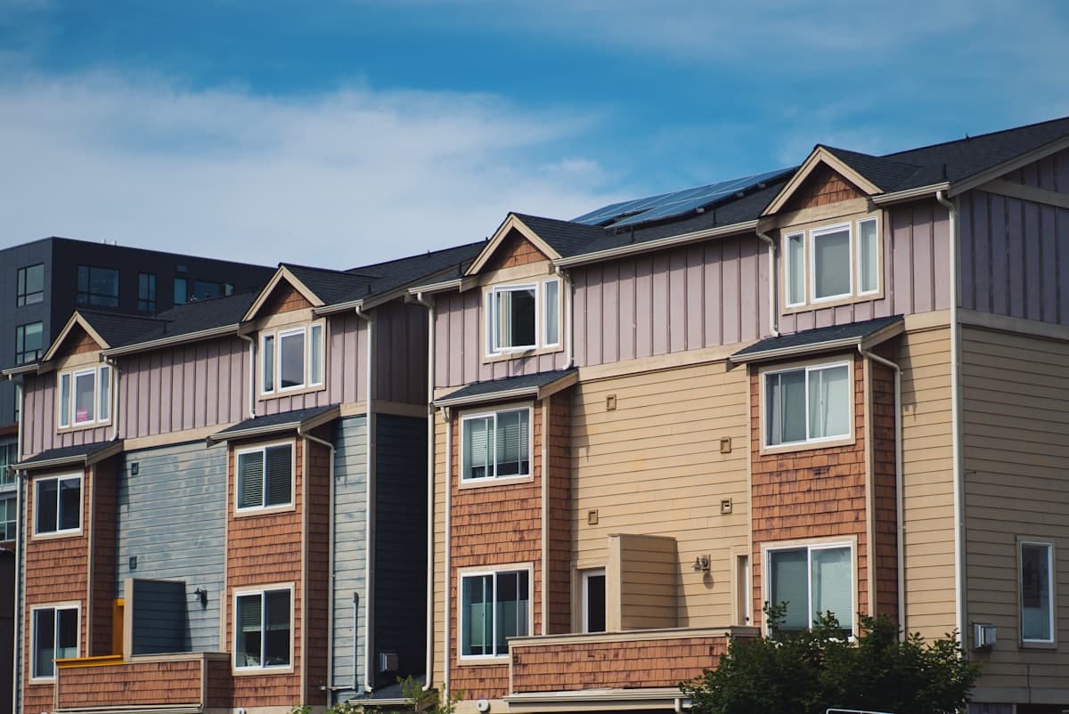 Modern townhomes in Seattle Ballard neighborhood with cedar shingle siding