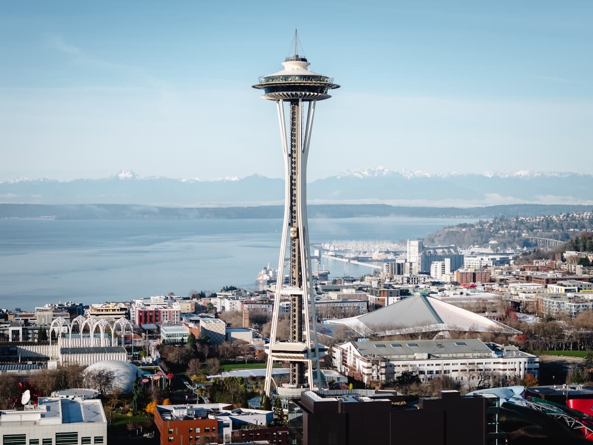 Space Needle with Puget Sound and Olympic Mountains in background