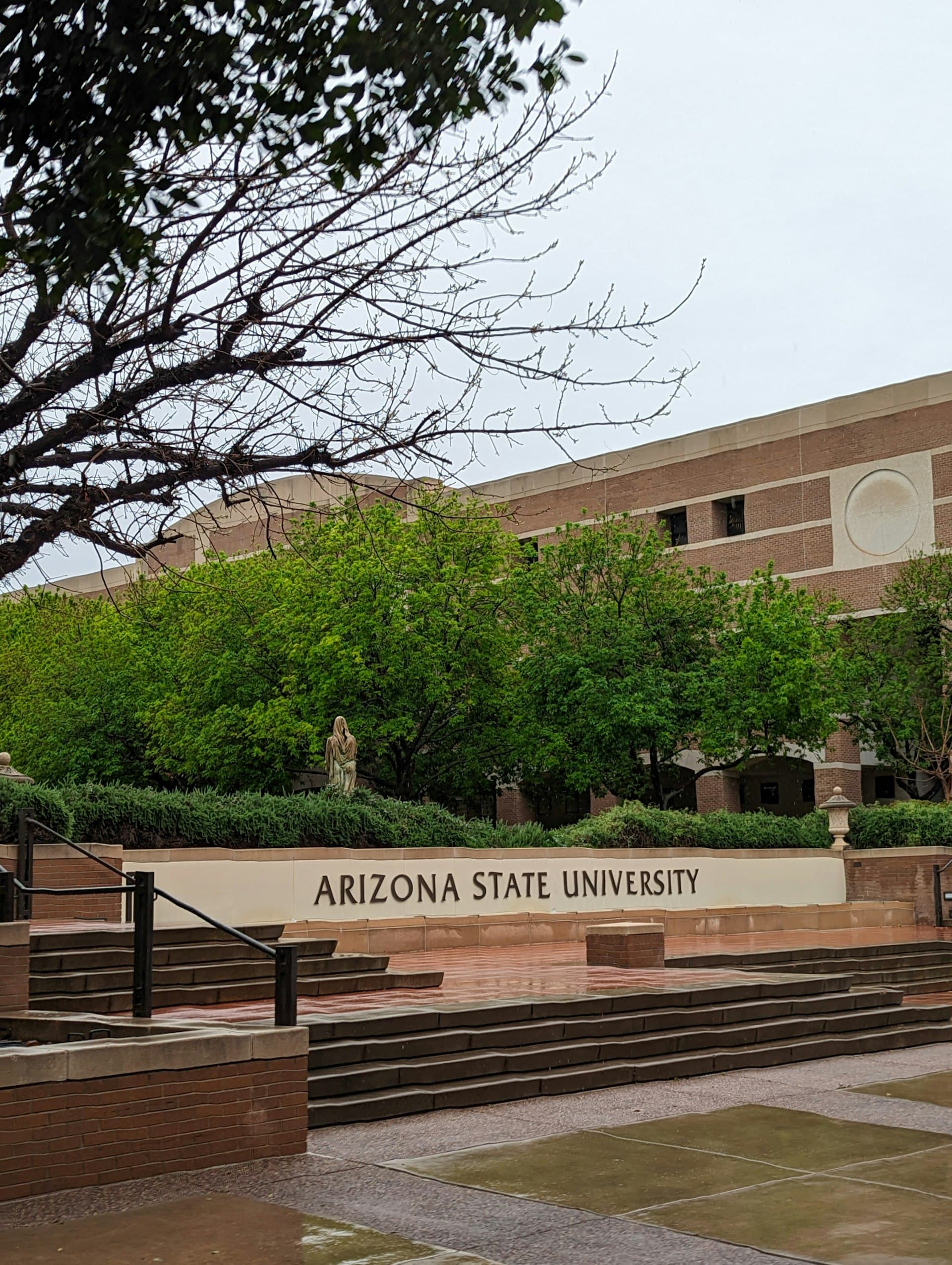 Arizona State University campus sign and memorial steps
